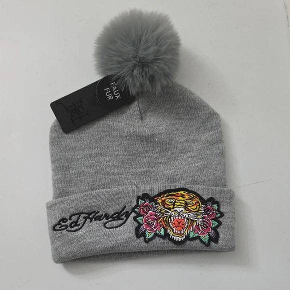 Ed Hardy Gray Beanie with Tiger and Rose Patch, NWT