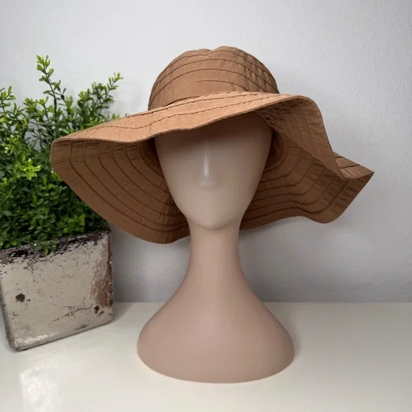 Scala Sun Hat Womens Tan Wide Brim Bow‎ Ribbed Packable Coastal OS