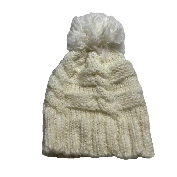 Ellen Tracy Womens Cable‎ Knit Pom Pom Beanie Hat Cream White Gold Metallic OS