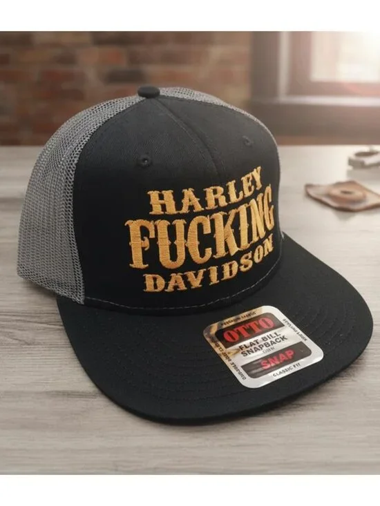 Retro Harley Fking Davidson Embroidered Trucker Hat Black Orange Otto Cap Biker