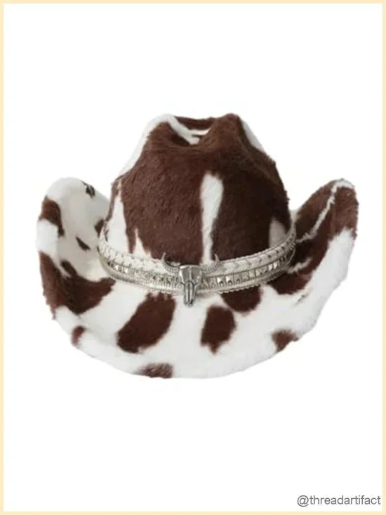 Faux Fur Cowboy Hat Wide Brim Cow Print Western Cowgirl Warm Cap