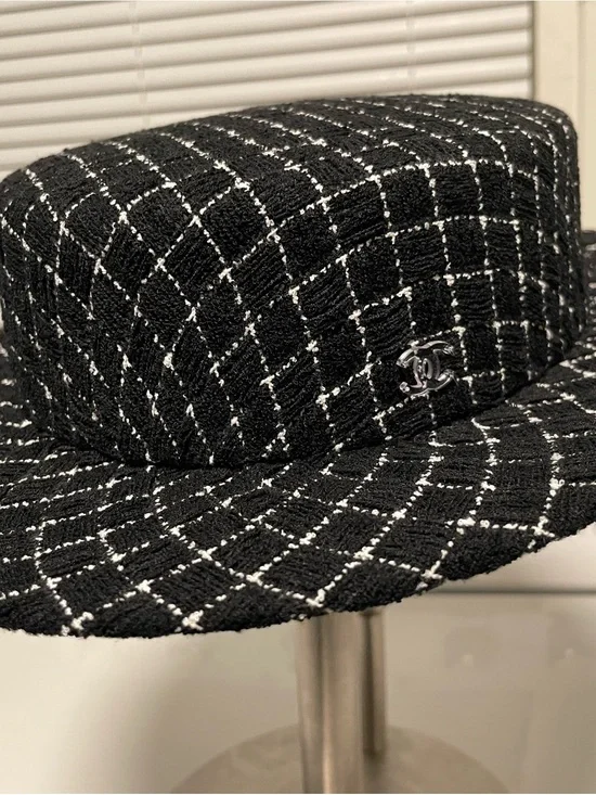 CHANEL Black Tweed Bowler with White Grid Stitching and Clear CC Pin