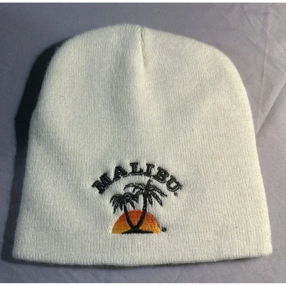 Malibu White Knit Beanie Hat Embroidered Palm Tree Sunset Unisex One Size