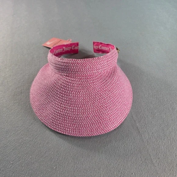 Juicy Couture Pink Woven Straw Visor Sun Hat Rhinestone Heart Charm NWT One Size