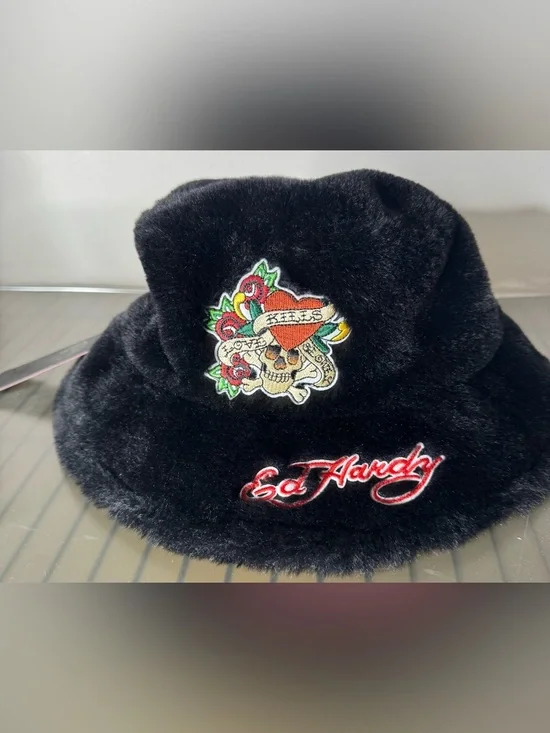 Ed Hardy Black Faux Fur Bucket Hat with Colorful Tattoo Patch velvet one size