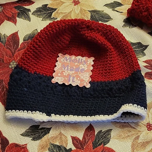 Handmade cranberry red and blue crochet hat beanie hand-made
