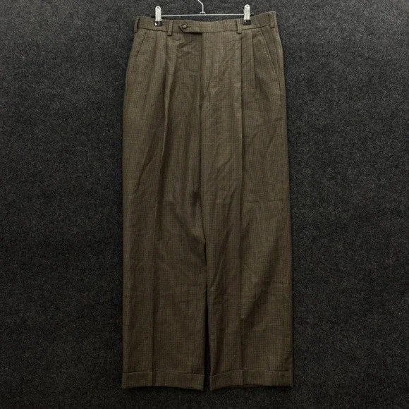 Brooks Brothers Men 34 Brown Houndstooth Wool Cashmere Pleated Cuff Pants Italy