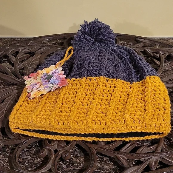 Handmade pom-pom hat beanie with fleece lining at ears crochet