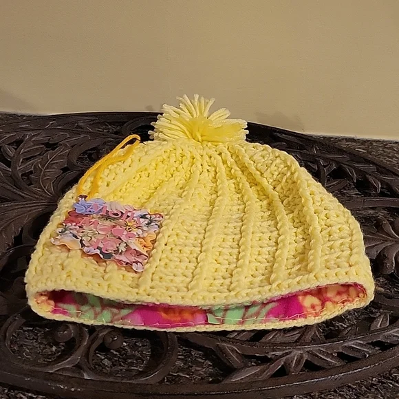 Handmade pom-pom hat beanie with fleece lining at ears crochet