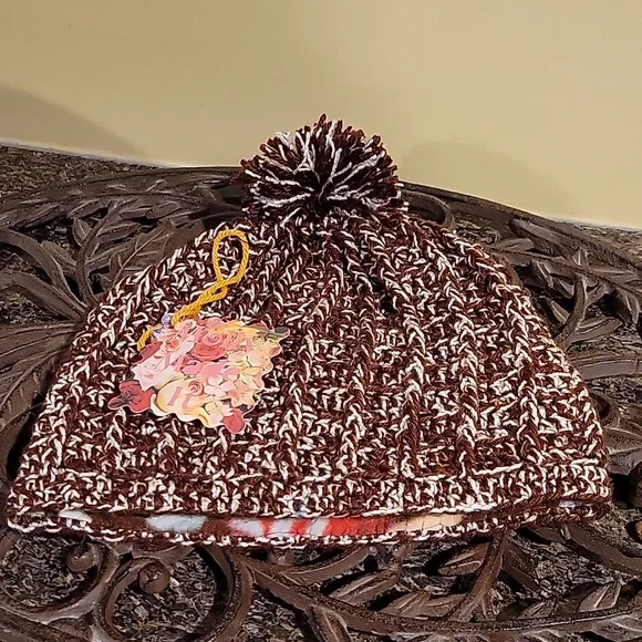 Ladies Acrylic pom-pom hat beanie fleece lining at ears handmade