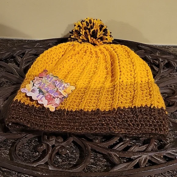 Handmade pom-pom hat beanie with fleece lining at ears crochet