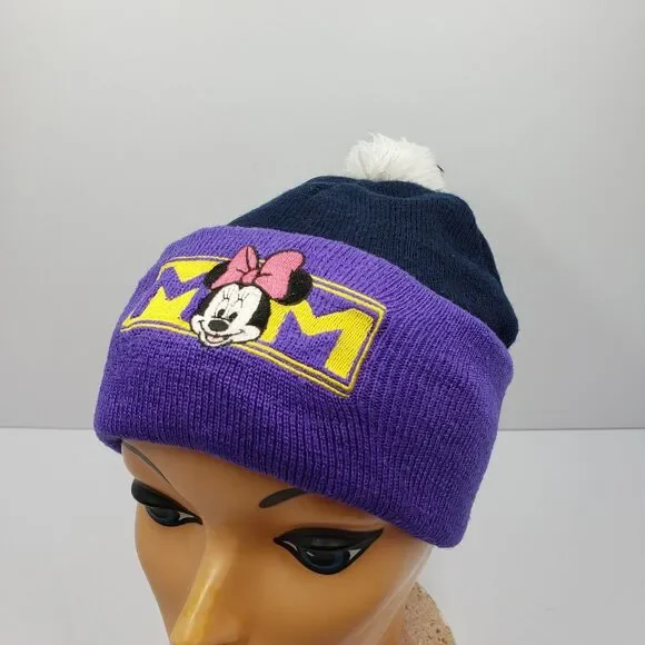 Vintage Disney Mickey Unlimited Minnie Mouse MOM Beanie Hat Purple Navy Knit Pom