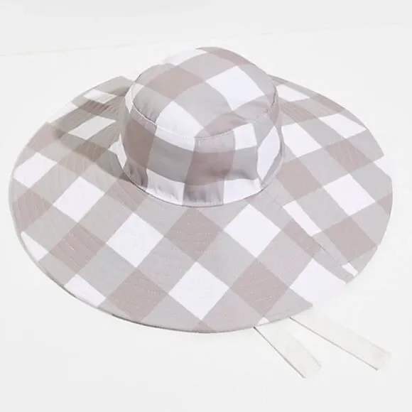 Free People Palmetto Wide Brim Packable Bucket Hat in Ivory & Grey Plaid