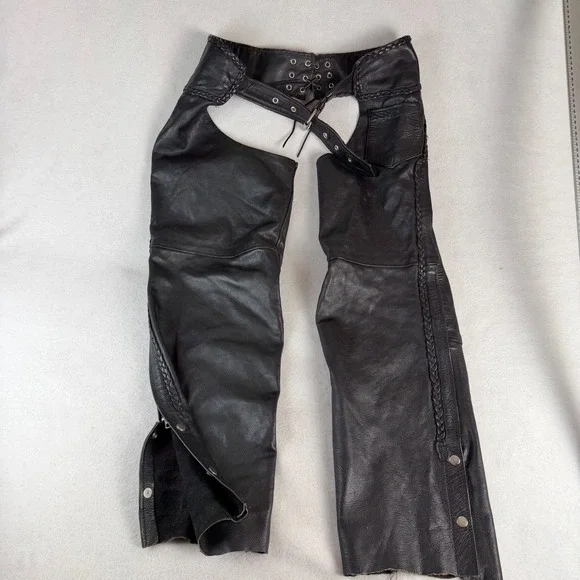 UNIK Black Leather Motorcycle Chaps Braided Trim Adjustable Waist Size L Mens