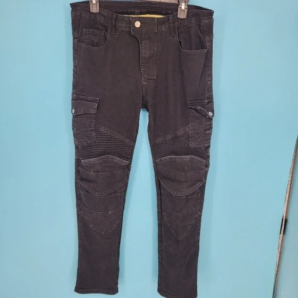 Winx Wheels Biker Cargo Pants Mens XL Black Moto Denim Ribbed Slim Streetwear