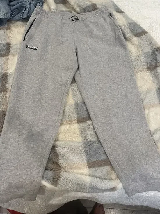 LACOSTE Joggers Mens Large Grey Tapered Sweatpants Logo Lounge Casual