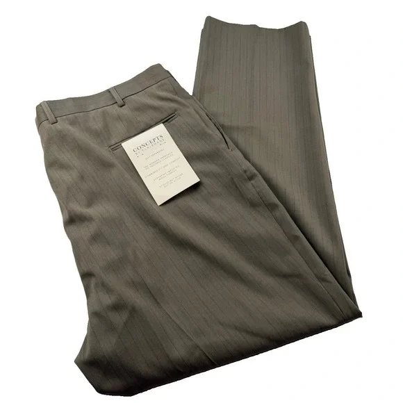 NWT Concepts by Claiborne Wool Dress Pants 44x32 Taupe Pinstripe Flat Front