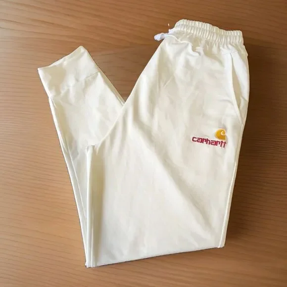 Mens Carhartt Joggers Embroidered Logo Off White Size L Loose Fit Light Stain