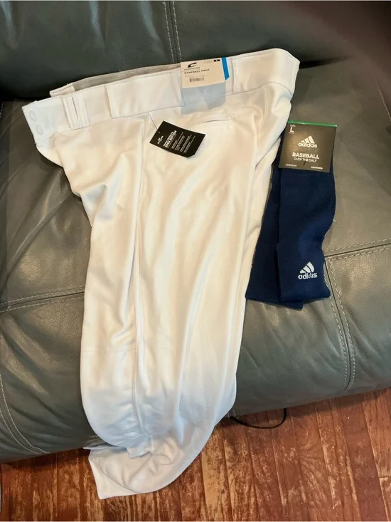 Champro Men's White Baseball Pants Large New with tags and Adidas Navy socks L