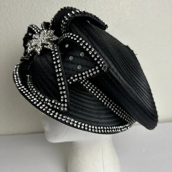Satin Black Beret Cap Hat  w / Rhinestones