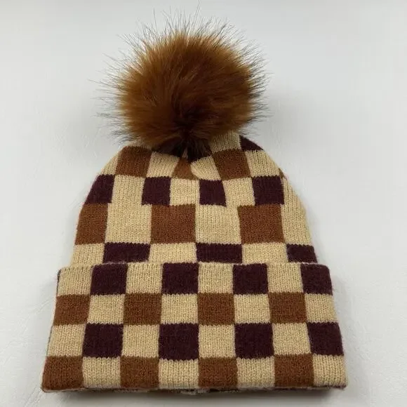 Women’s Checkered Knit Beanie Hat Faux Fur Pom Brown Tan One Size Winter Cap