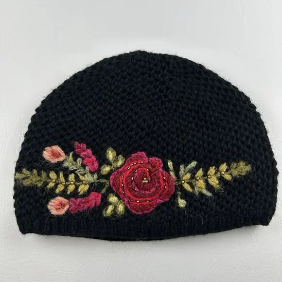 French Knot Black Wool Floral Embroidered Beanie Hat Lined One Size Women