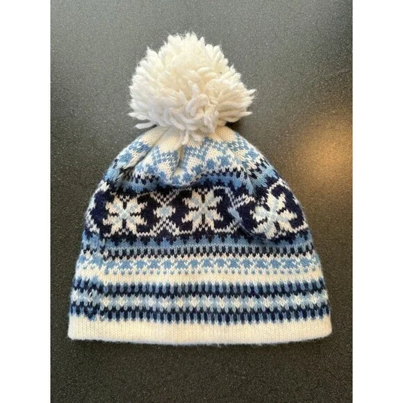 vintage 80’s Winter hat Pom Pom Blue And White Beanie ski fairisle snow outdoors