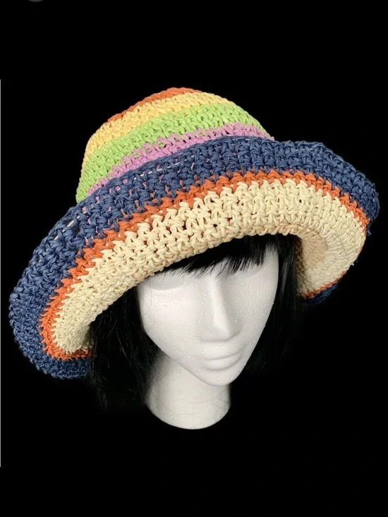 Crochet 100% Paper Striped Bucket Hat