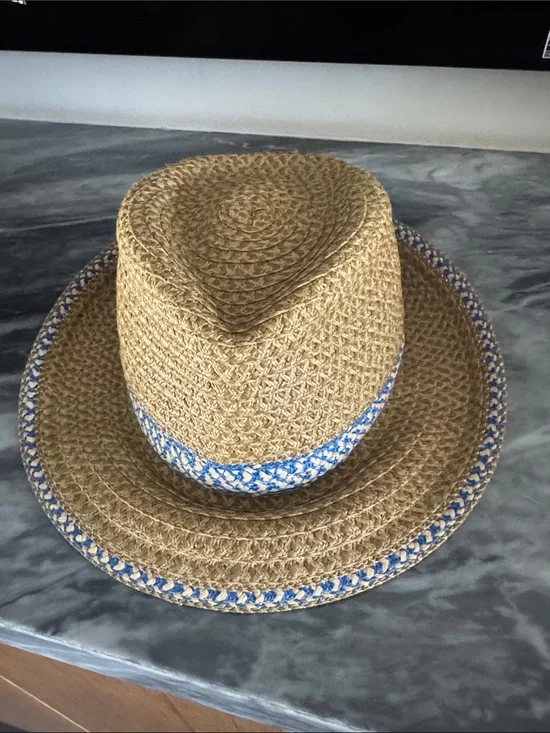 Straw Fedora Hat with Blue Trim - Women’s