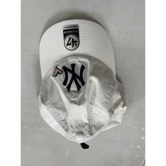 47 Brand New York Yankees Clean Up Hat White Pink Heart MLB Adjustable Cap OSFA