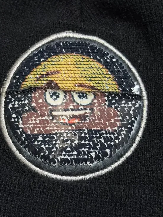 NWT Emoji Two Way Sequins Winter Black Beanie Hat with Pom