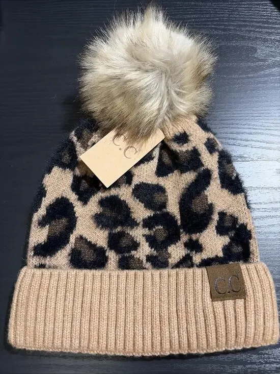 C.C Leopard Pom Beanie, Women C.C Hats, Winter Hats, Warm Beanies, Holiday Gift