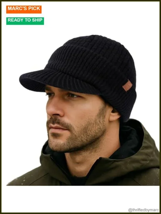 100% Merino Wool Fleece Lined Visor Beanie Winter Hat