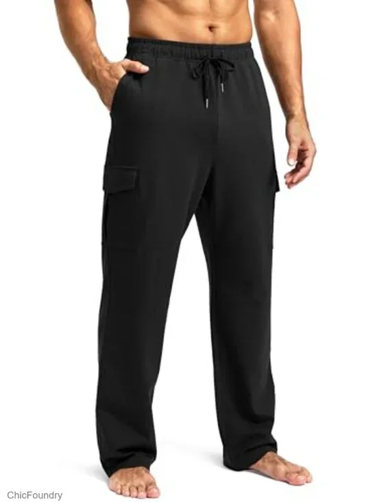 Cotton Blend Sweatpants with Cargo Pockets 4-Way Stretch Open Bottom