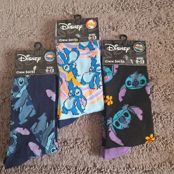Disney LILO & STITCH Unisex Socks 3 Pair Multi Colors Stretchy‎ Size 9-13