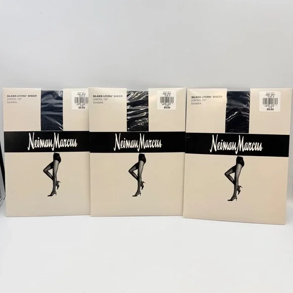 3PK Neiman Marcus Silken Lycra Sheer Control Top Pantyhose Dark Navy Size B 9411
