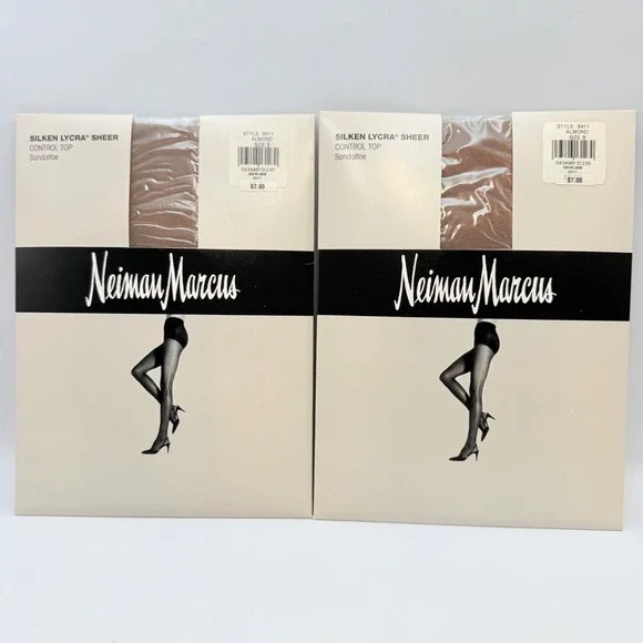 2pk Neiman Marcus Silken Lycra Sheer Control Top Pantyhose Almond Size B 9411