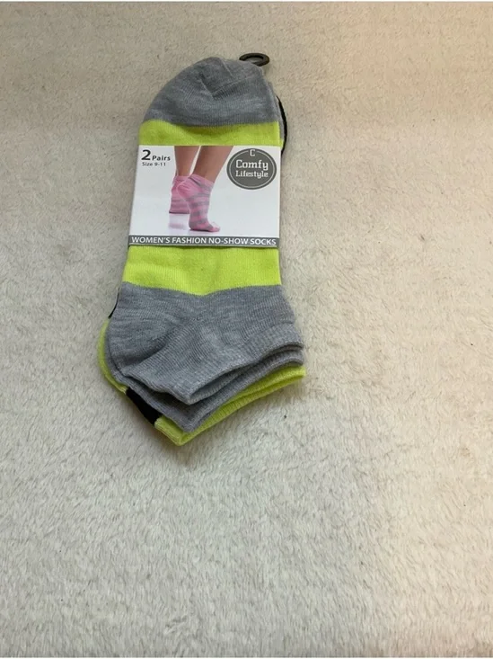 Women's No-Show Socks in Grey and Neon Yellow - 2 Pairs