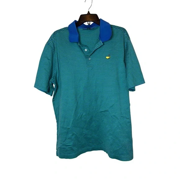 Masters Collection Mens‎ XL Golf Polo Shirt Green Blue Striped Logo Short Sleeve