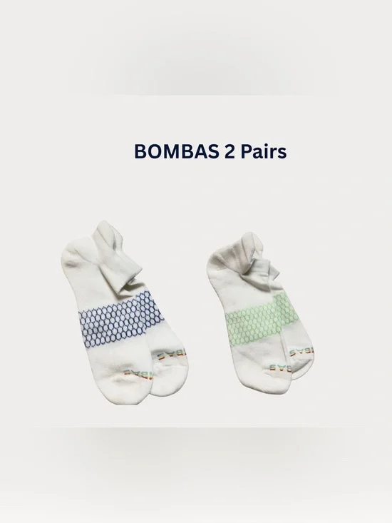 Bombas white ankle socks with blue and green honeycomb accent LG