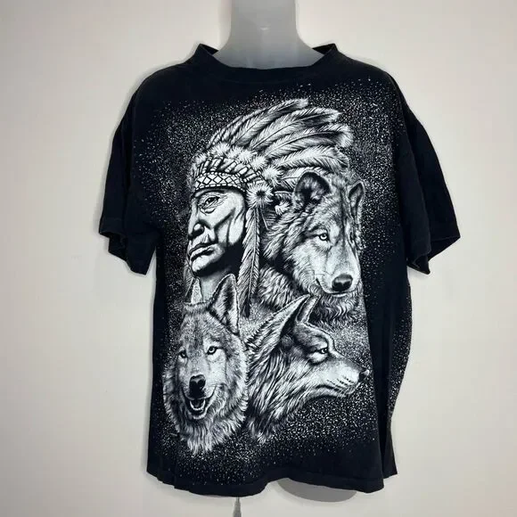 Vintage 90s American thunder Native American graphic Black shirt double sided M