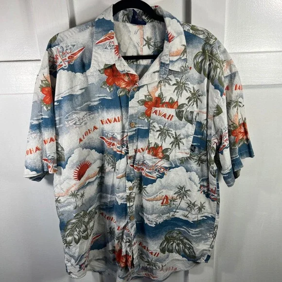 Island Soul Mens XL Aloha Hawaii Biplane Tropical Print Cotton Button Down Shirt