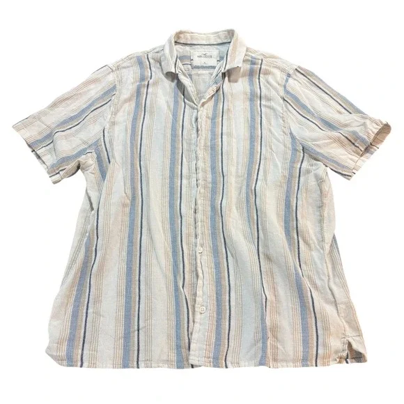 Hollister Mens XL‎ Blue Tan Striped Short Sleeve Button Down Shirt Summer Casual