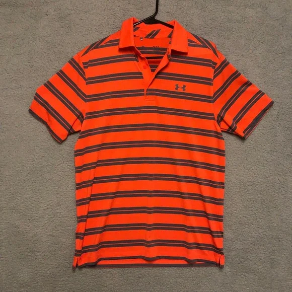 Under‎ Armour Mens Medium HeatGear Polo Shirt Orange Gray Striped Golf Athletic