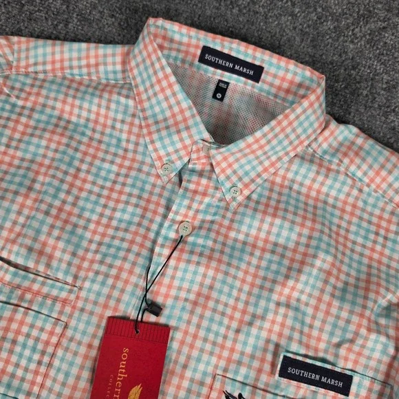 Southern Marsh‎ Harbor Cay Shirt Mens M Melon Teal Drake Grid Fieldtec NWT