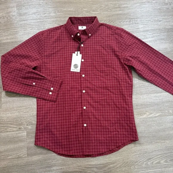 Social Coast Mens Stretch Plaid Button Down Shirt Red White‎ Long Sleeve Medium