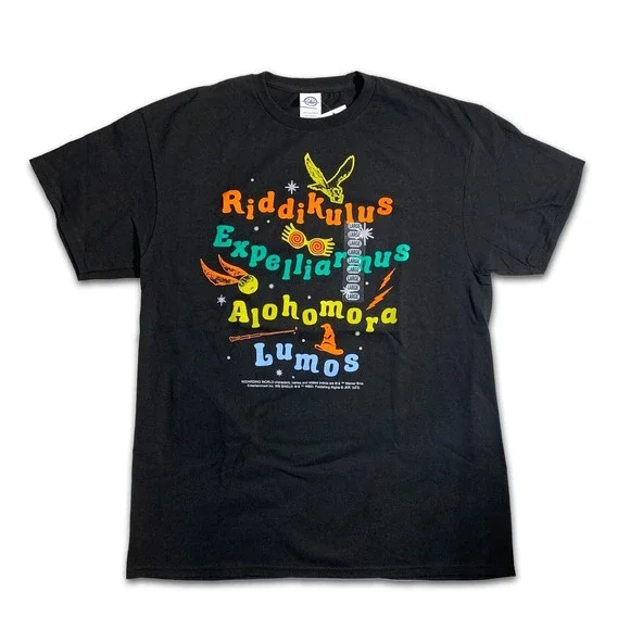 Harry Potter Wizarding World Spells Graphic‎ Black Tee Sz L Riddikulus Spells+