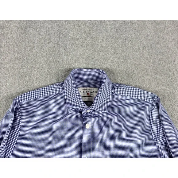 Mizzen+Main Spinnaker Collection Blue Gingham Shirt Mens Medium Trim Fit Stretch