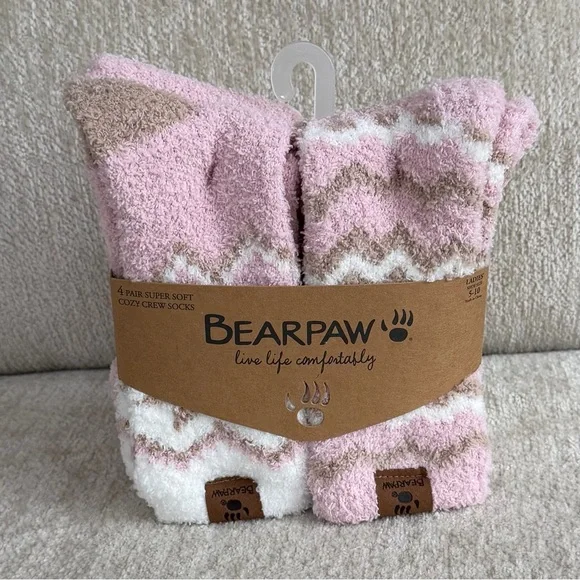 BearPaw Pink, Brown and White Zigzag Cozy Crew Socks, 4pk Sz 9-11