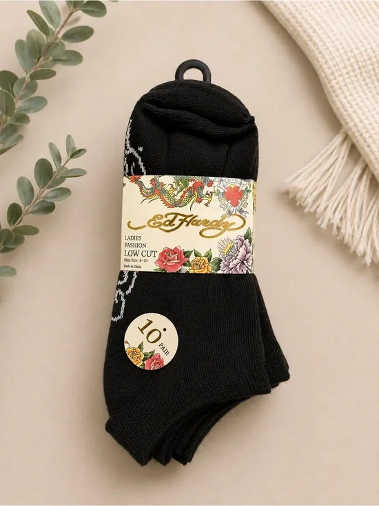 Ed Hardy Black Ladies Low Cut Sock 10 Pack